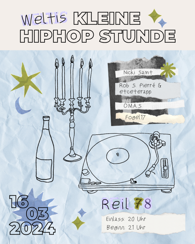 Plakat für das Konzert mit den wichtigsten Infos: Weltis kleine HipHop Stunde; 16.03.2024; Reil78; Einlass: 20 Uhr; Beginn: 21 Uhr